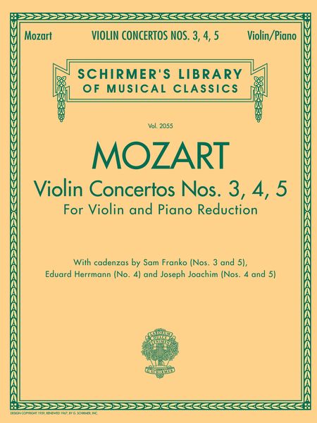 Violin Concertos Nos. 3, 4 and 5 : For Violin and Piano reduction.