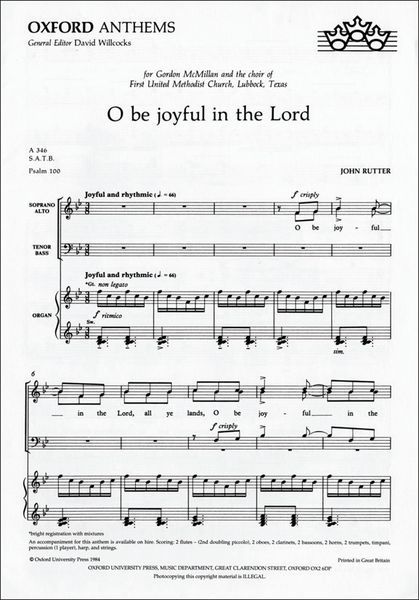 O Be Joyful In The Lord (A346) : For SATB and Organ.