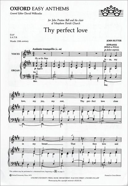 Thy Perfect Love (E137) : For SATB and Organ.