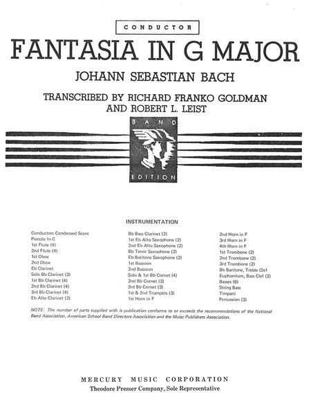 Fantasia In G Major : For Band / arr. by Richard Franko Goldman & Robert Leist.