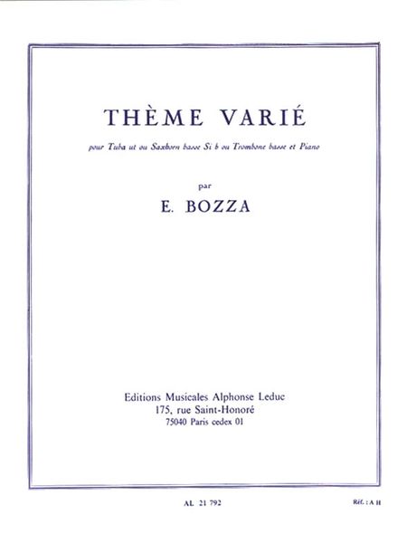 Theme Varie : Pour Tuba Ou Saxhorn Basse Ou Trombone Basse Et Piano.