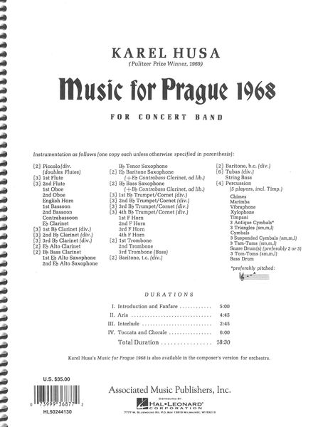 Music For Prague (1968) : For Concert Band [Score Only].