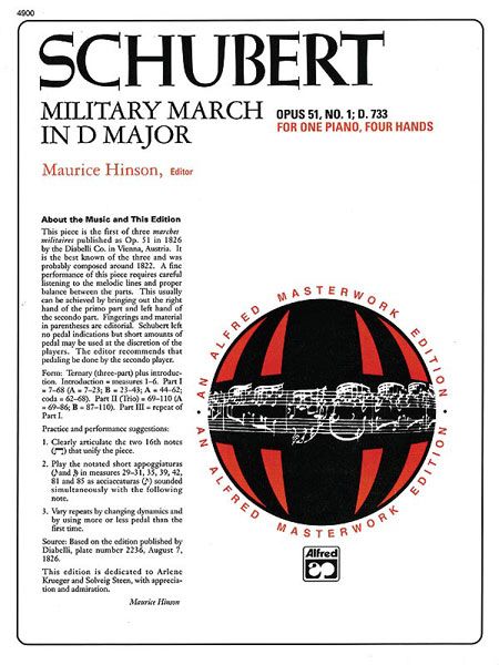 Military March, Op. 51 No. 1 : For Piano, Four Hands / edited by Maurice Hinson.