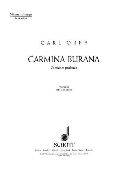 Carmina Burana : Soloists (Stbar), Mixed Choir (SATB), Children's Choir, 2 Pianos and Percussion.