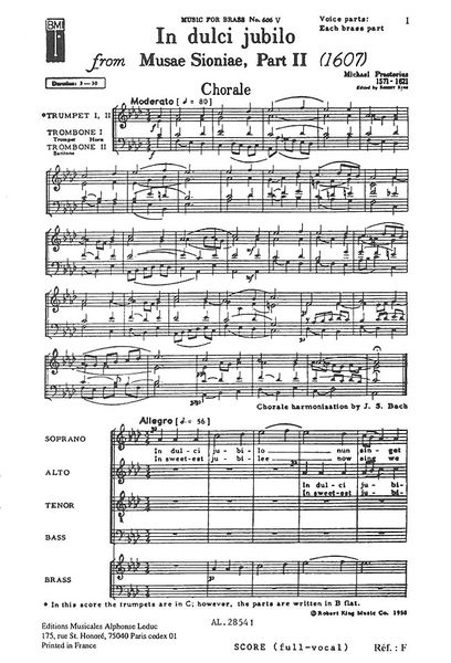 In Dulci Jubilo, From Musae Sioniae, Part II (1607) : For SATB Choir and Brass.