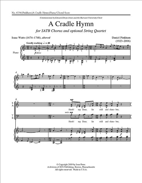 Cradle Hymn : For SATB Chorus and Optional String Quartet.