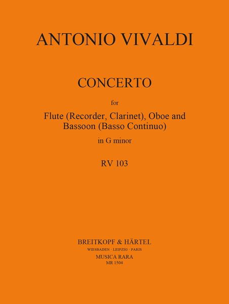 Konzert In G RV 103 : For Recorder, Oboe and Basso Continuo / Ed. Robert P. Block and David Lasocki.