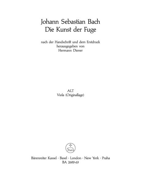 Kunst der Fuge : Stimme Für Tenor (Viola).