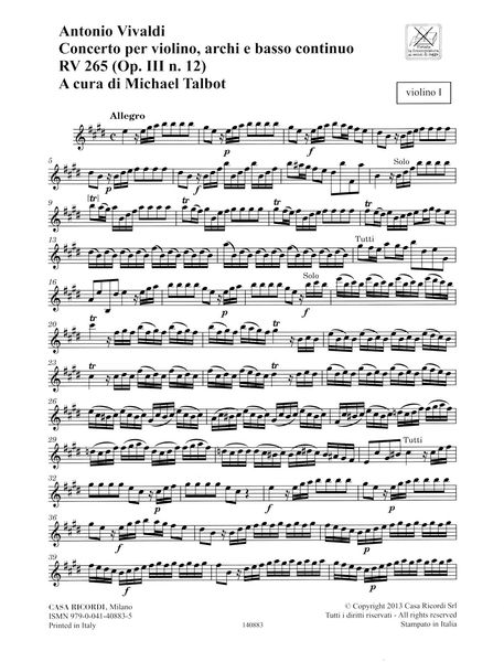 Concerto In E Major, RV 265 : For Violin, Strings and Basso Continuo / Ed. Michael Talbot.