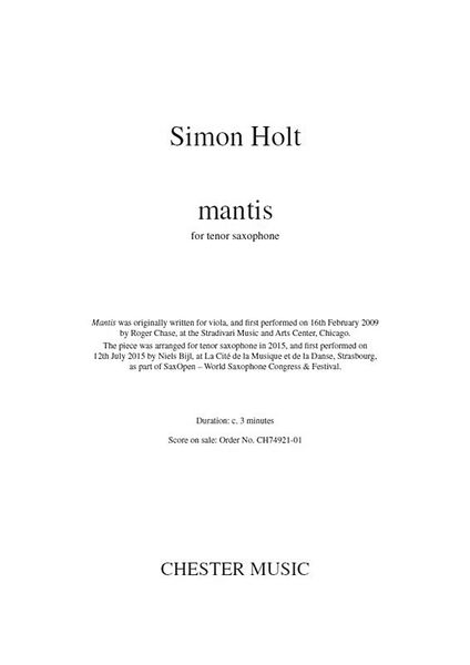 Mantis : For Tenor Saxophone (2005, arr. 2015).