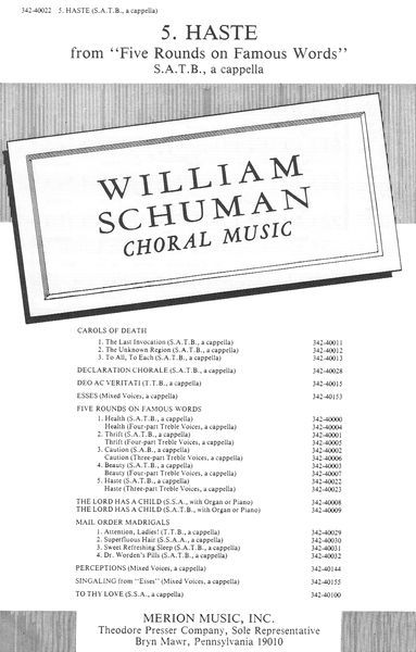 Five Rounds On Famous Words, No. 5 - Haste : For SATB A Cappella.