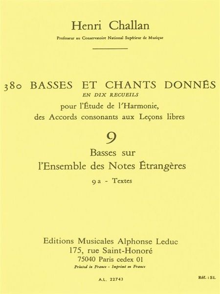 380 Basses Et Chants Donnés, Vol. 9 : Basses Sur Notes Etrangeres - Textes.