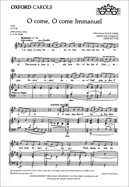 O Come, O Come, Immanuel : For SATB and Piano Or Organ Or Chamber Orchestra.