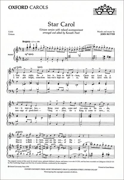 Star Carol : For Unison Voices and Piano.