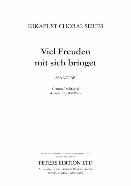 Viel Freuden Mit Sich Bringet : For SSAATTBB A Cappella / arr. Ben Parry.