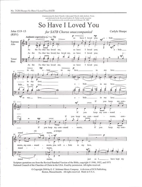 So Have I Loved You : For SATB A Cappella.