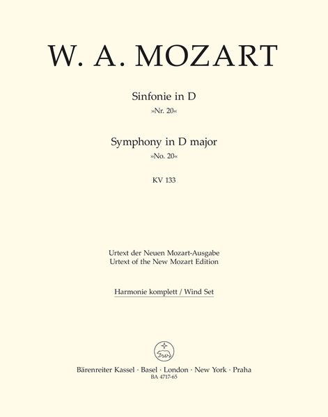 Symphony No. 20 In D Major K. 133 : For Orchestra / edited by Wilhelm Fischer.