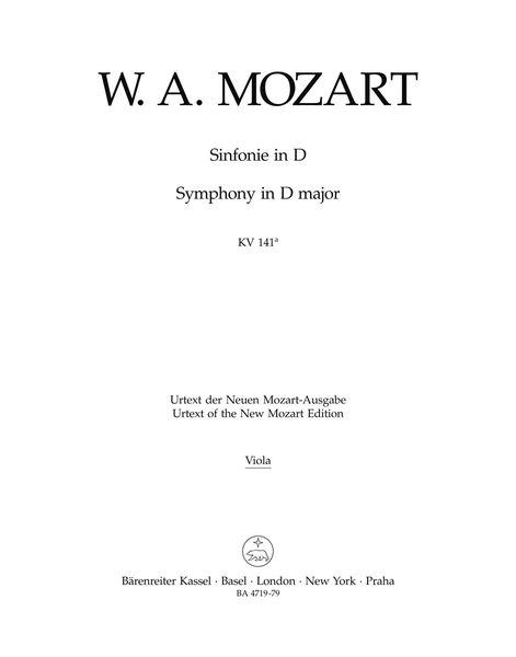 Symphony In D Major K. 141a (161) Overture To K. 126 : For Orchestra / Ed. Wilhelm Fischer.