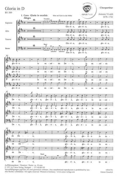 Gloria, RV 589 : For Soli SSA, SATB Choir, Trumpet, Oboe, 2 Violins, Viola, Basso Continuo.