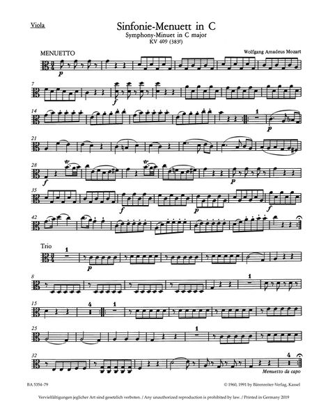 Symphony-Minuett In C Major, K. 409 : For Orchestra / edited by Wolfgang Plath.