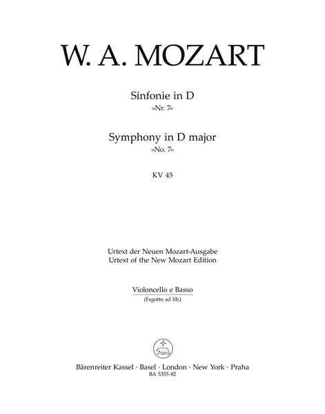 Symphony No. 7 In D Major K. 45 : For Orchestra / edited by Gerhard Allroggen.