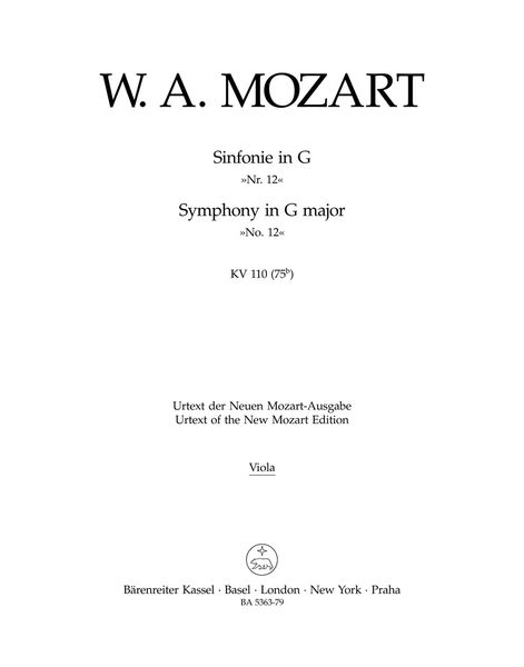 Symphony No. 12 In G Major K. 110 (75b) : For Orchestra / edited by Gerhard Allroggen.