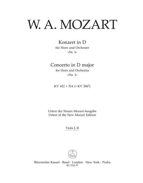 Horn Concerto No. 1 In D Major, K. 412+514 (386b) / edited by Franz Giegling.