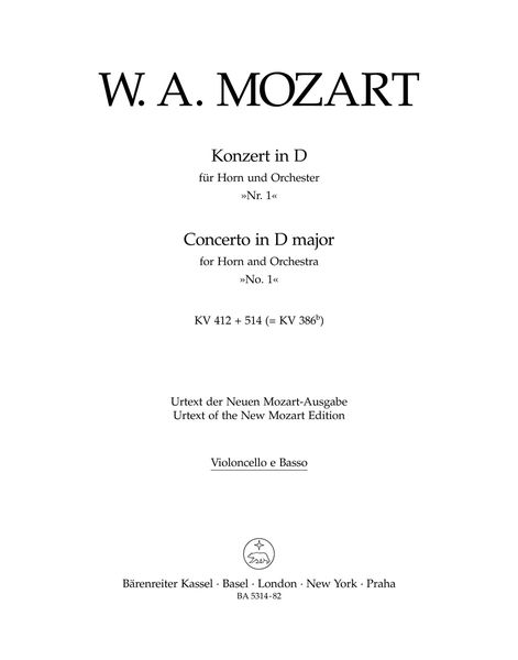 Horn Concerto No. 1 In D Major, K. 412+514 (386b) / edited by Franz Giegling.