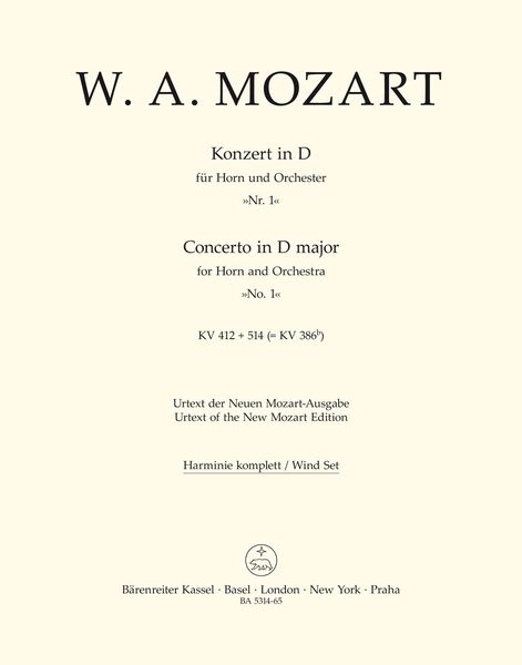 Horn Concerto No. 1 In D Major, K. 412+514 (386b) / edited by Franz Giegling.