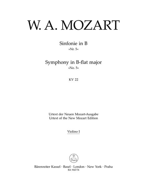 Symphony In Bb Major (No. 5), K. 22 / edited by Gerhard Allroggen.