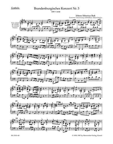 Brandenburg Concerto No. 3 In G Major, BWV 1048 / edited by Heinrich Besseler, August Wenzinger.