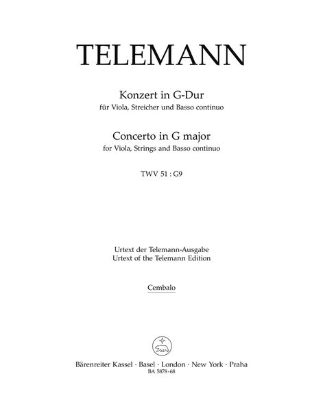 Konzert In G-Dur : Für Viola und Orchester TWV 51:G9 / edited by Wolfgang Hirschmann.