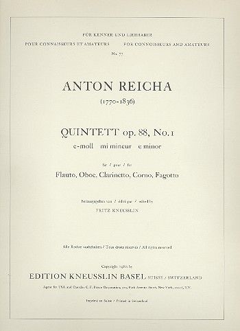 Quintet, Op. 88/1 In E-Moll : For Flute, Oboe, Clarinet, Horn & Bassoon.