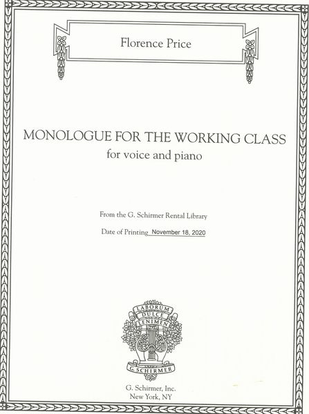 Monologue For The Working Class For Voice and Piano edited by John Michael Cooper