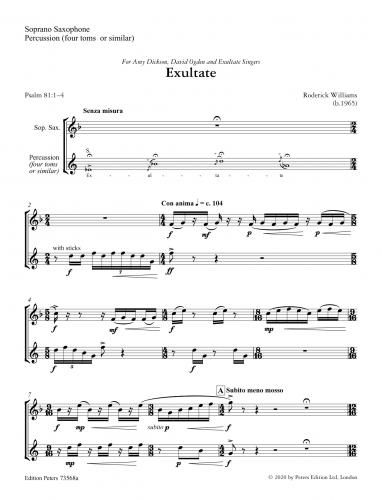 Exultate : For SATB, Soprano Saxophone and Percussion.