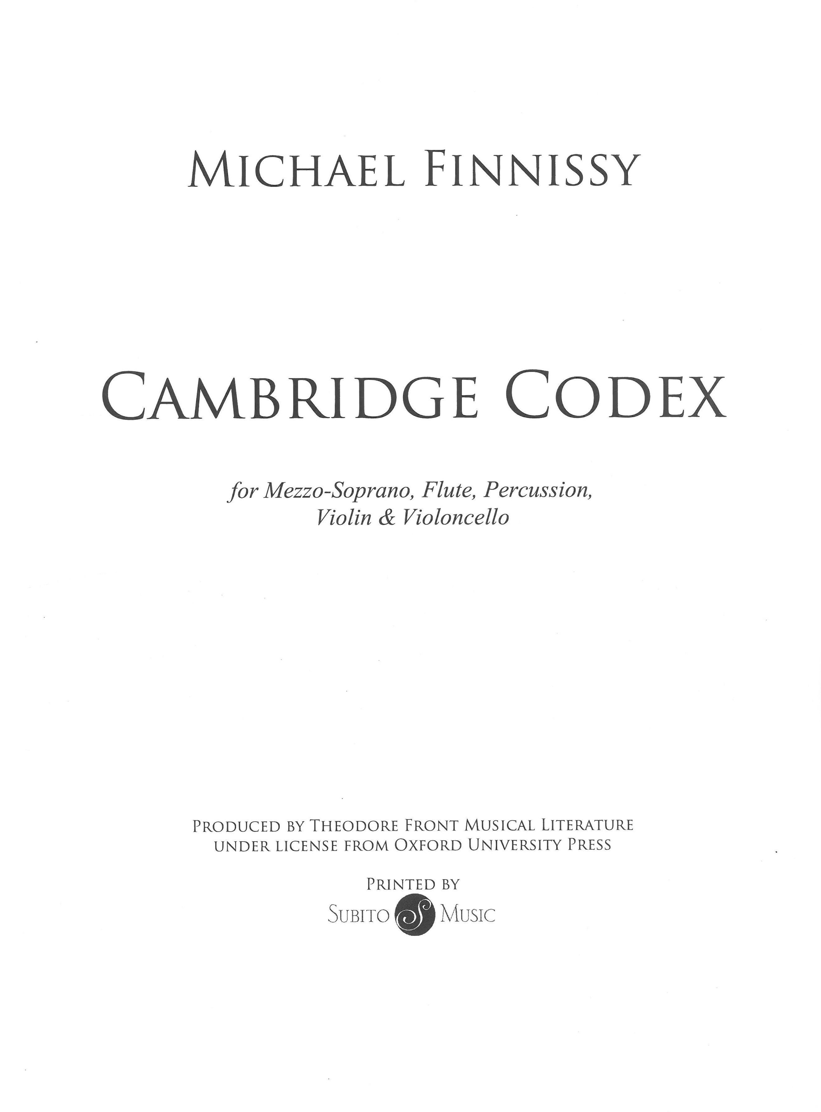 Cambridge Codex : For Mezzo-Soprano, Flute, Percussion, Violin and Violoncello (1991).