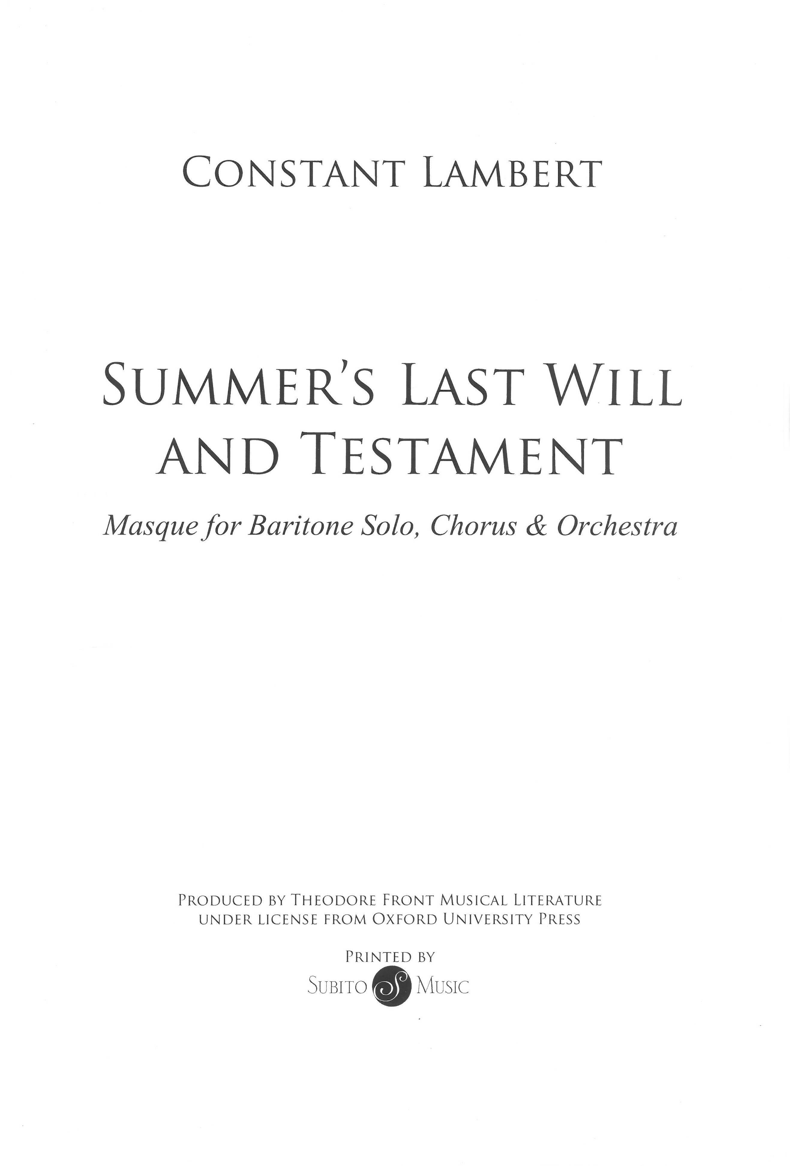 Summer's Last Will and Testament : Masque For Baritone Solo, Chorus, and Orchestra.